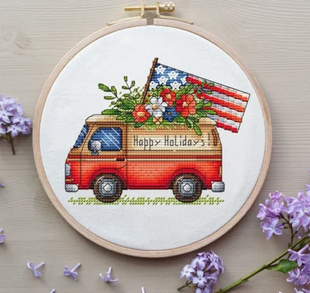 American van Cross Stitch Pattern PDF, American Dream Store Cross Stitch, Patriotic 4th July Embroidery, Cute Care Room Decor PDF