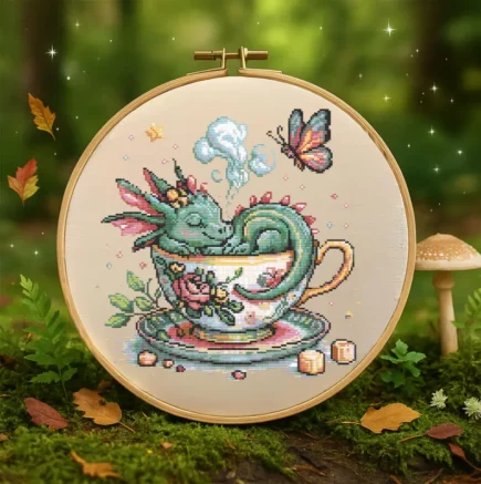 Whimsical Dragon in Teacup Cross Stitch Pattern Fantasy Floral Dragon Embroidery Design Mythical Cute Baby Dragon Sleeping Cross Stitch PDF - Image 7