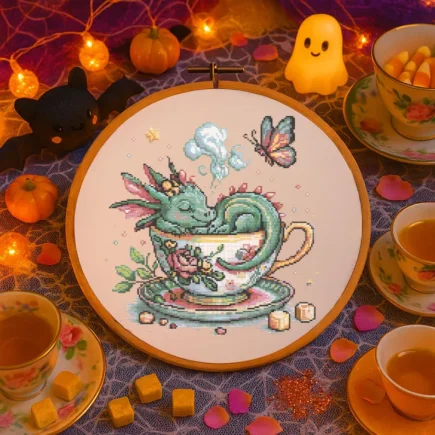 Whimsical Dragon in Teacup Cross Stitch Pattern Fantasy Floral Dragon Embroidery Design Mythical Cute Baby Dragon Sleeping Cross Stitch PDF - Image 6