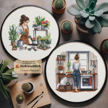 Set of Two Cooking Gardening Girls cross stitch pattern pdf, cat crossstitch pattern, punto de cruz, patrones punto cruz, punto croce schemi