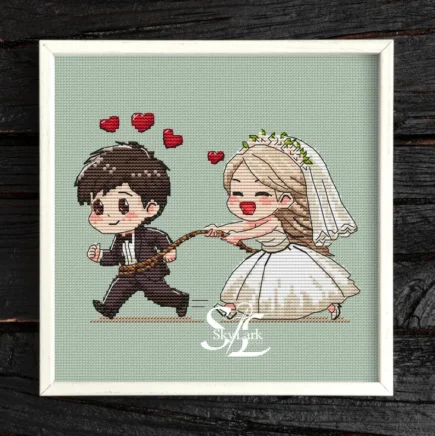 Funny Wedding Cross Stitch Pattern PDF – Bride and Groom Embroidery Design – Cute Newlyweds Needlepoint – Digital Download