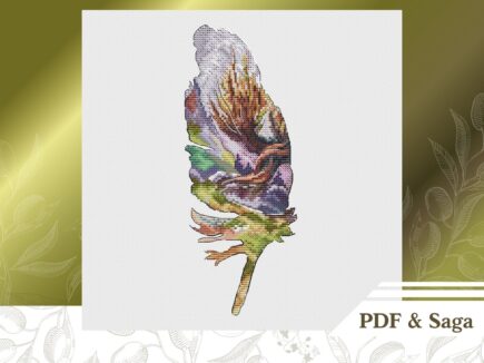 Landscape in feather cross stitch pattern PDF, Fantasy cross stitch chart for beginners, Colorful embroidery pattern