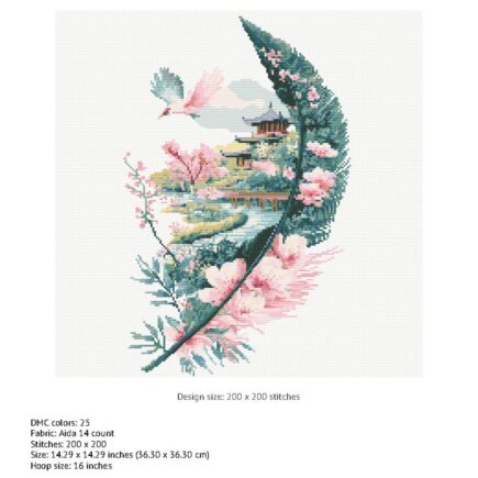 Japanese Cross Stitch Pattern Instant PDF Download - Japanese Feather Watercolor Cross Stitch Hand Embroidery Feather Silhouette Landscape - Image 3