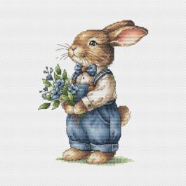 Rabbit Cross Stitch Pattern, Brown Bunny in Overalls with Blue Flowers Instant Download Detailed Design Spring Summer Decor PDF Digital File