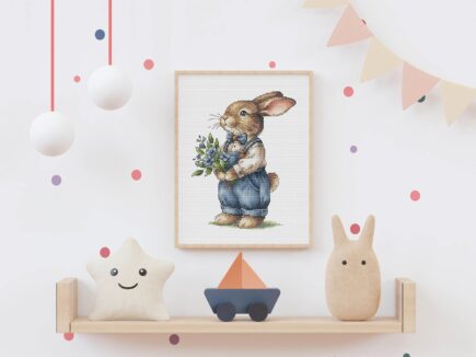 Rabbit Cross Stitch Pattern, Brown Bunny in Overalls with Blue Flowers Instant Download Detailed Design Spring Summer Decor PDF Digital File - Image 8