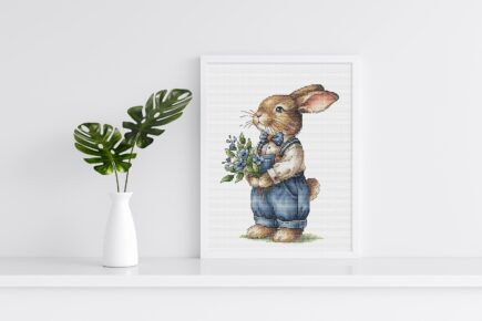 Rabbit Cross Stitch Pattern, Brown Bunny in Overalls with Blue Flowers Instant Download Detailed Design Spring Summer Decor PDF Digital File - Image 7