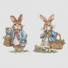 Rabbit lady and Rabbit gentleman Cross Stitch Pattern, with a basket of flowers Instant Download Spring Summer Decor PDF Digital File