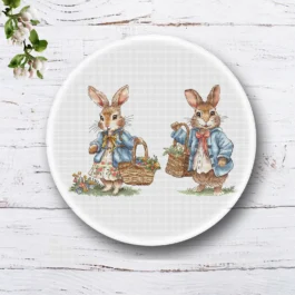Rabbit lady and Rabbit gentleman Cross Stitch Pattern, with a basket of flowers Instant Download Spring Summer Decor PDF Digital File