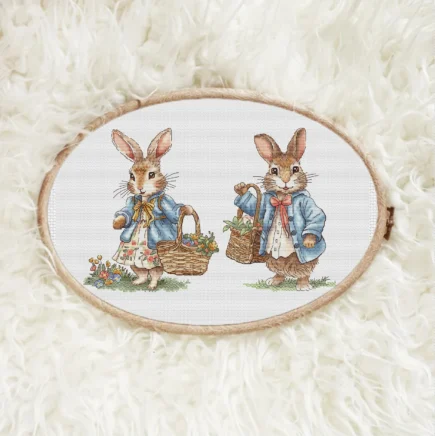 Rabbit lady and Rabbit gentleman Cross Stitch Pattern, with a basket of flowers Instant Download Spring Summer Decor PDF Digital File - Image 3