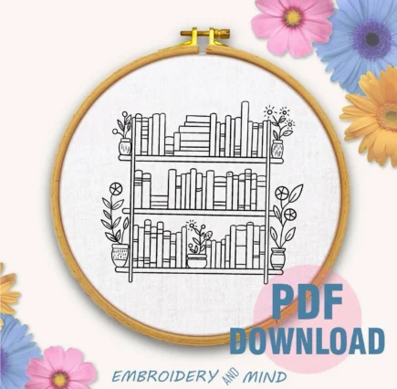 Bookshelf with Flowers Embroidery Design Digital Download Pattern, Perfect for library hoop art wall hangings, Decor for book lover's space. - Image 4