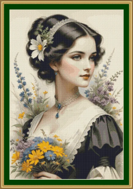 Elegant Victorian Lady Cross Stitch Pattern, Vintage Woman Portrait PDF, Floral Counted Embroidery Chart, Instant Download Needlework Design - Image 3