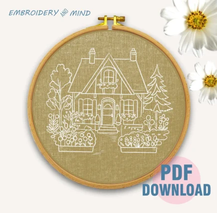 The printable cozy house in the beautiful garden has colorful flowers, a hand embroidery pattern, digital download in 6 different sizes. - Image 4