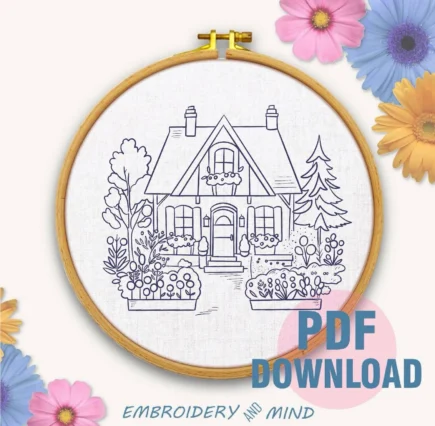 The printable cozy house in the beautiful garden has colorful flowers, a hand embroidery pattern, digital download in 6 different sizes. - Image 2