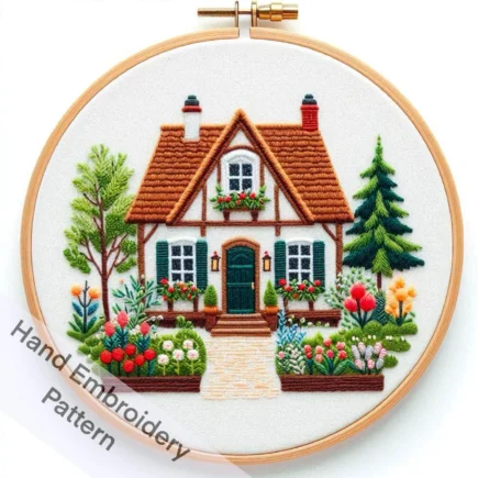 The printable cozy house in the beautiful garden has colorful flowers, a hand embroidery pattern, digital download in 6 different sizes.