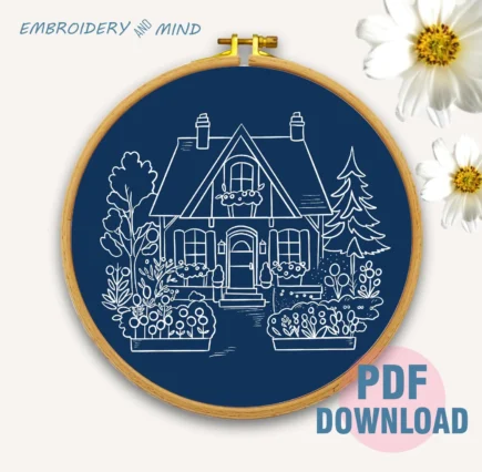 The printable cozy house in the beautiful garden has colorful flowers, a hand embroidery pattern, digital download in 6 different sizes. - Image 5