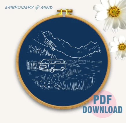 Printable Landscape River, Mountain, Grass Fields and Yellow Camping Van Hand Embroidery Pattern PDF File Digital Download Wall Hanging Art - Image 5