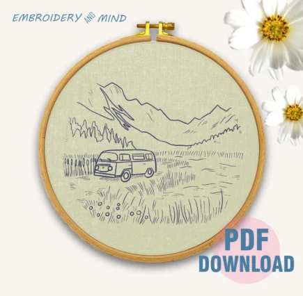 Printable Landscape River, Mountain, Grass Fields and Yellow Camping Van Hand Embroidery Pattern PDF File Digital Download Wall Hanging Art - Image 3