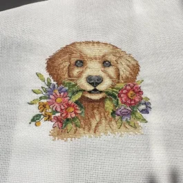 Puppy with flowers cross-stitc...