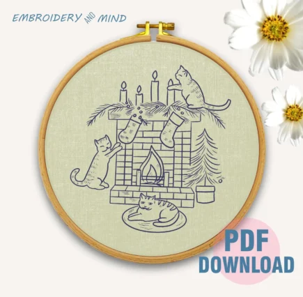 Printable Cozy Room with Cute Kitten, Candle, Christmas Tree Wintertime Hand Embroidery PDF Files Digital Download Easy to Print DIY Gift - Image 3