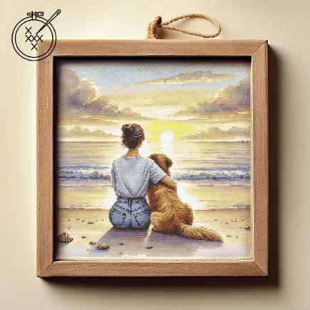 Golden Memories Modern Cross Stitch Pattern (PDF) | Easy to Follow | Sunset with the best friend | Dog Lover | DMC Threads