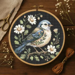 Floral Bird Cross Stitch Pattern, Elegant Blue Garden Bird, Wildflowers Embroidery Cottage Garden Bird Botanical Songbird Stitch Pattern PDF