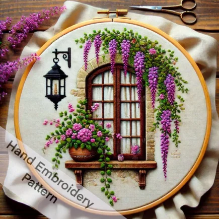 Charming Window and Lantern Hand Embroidery Design PDF Instant Download Botanical Window View Hand Embroidery Pattern | Floral Wall Art DIY