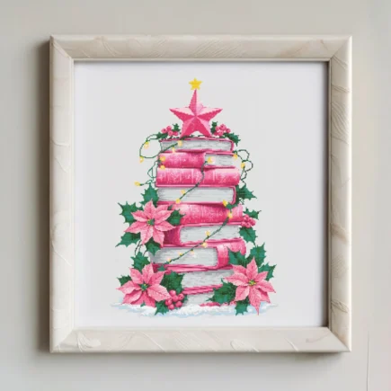 Pink Christmas Tree of Books Cross Stitch Pattern, Christmas ornament cross stitch, books cross stitch, Christmas tree stitch PDF Download