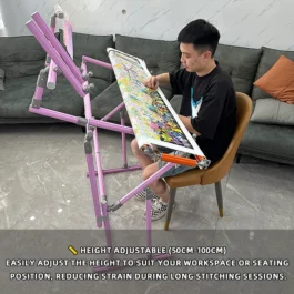 4th Gen Adjustable Cross Stitch Stand – Sturdy Aluminum Base with Height, Width & Tilt Adjustment | Phone & Thread Holder Included | Suitable for small, medium, and large scroll frames (scroll frame not included)