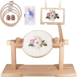 Adjustable Embroidery Hoop Stand,Embroidery Kit with 4pcs Different Size Embroidery Hoops,1 Embroidery Tool Kit,1 Pair of Thimbles,Wooden Embroidery Hoop Holder for Beginners.