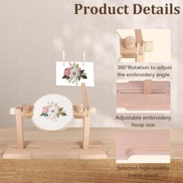 Adjustable Embroidery Hoop Stand,Embroidery Kit with 4pcs Different Size Embroidery Hoops,1 Embroidery Tool Kit,1 Pair of Thimbles,Wooden Embroidery Hoop Holder for Beginners.
